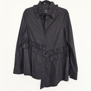 J KOO Barney's New York Black Ruffled Asymmetric Button Up Top, M